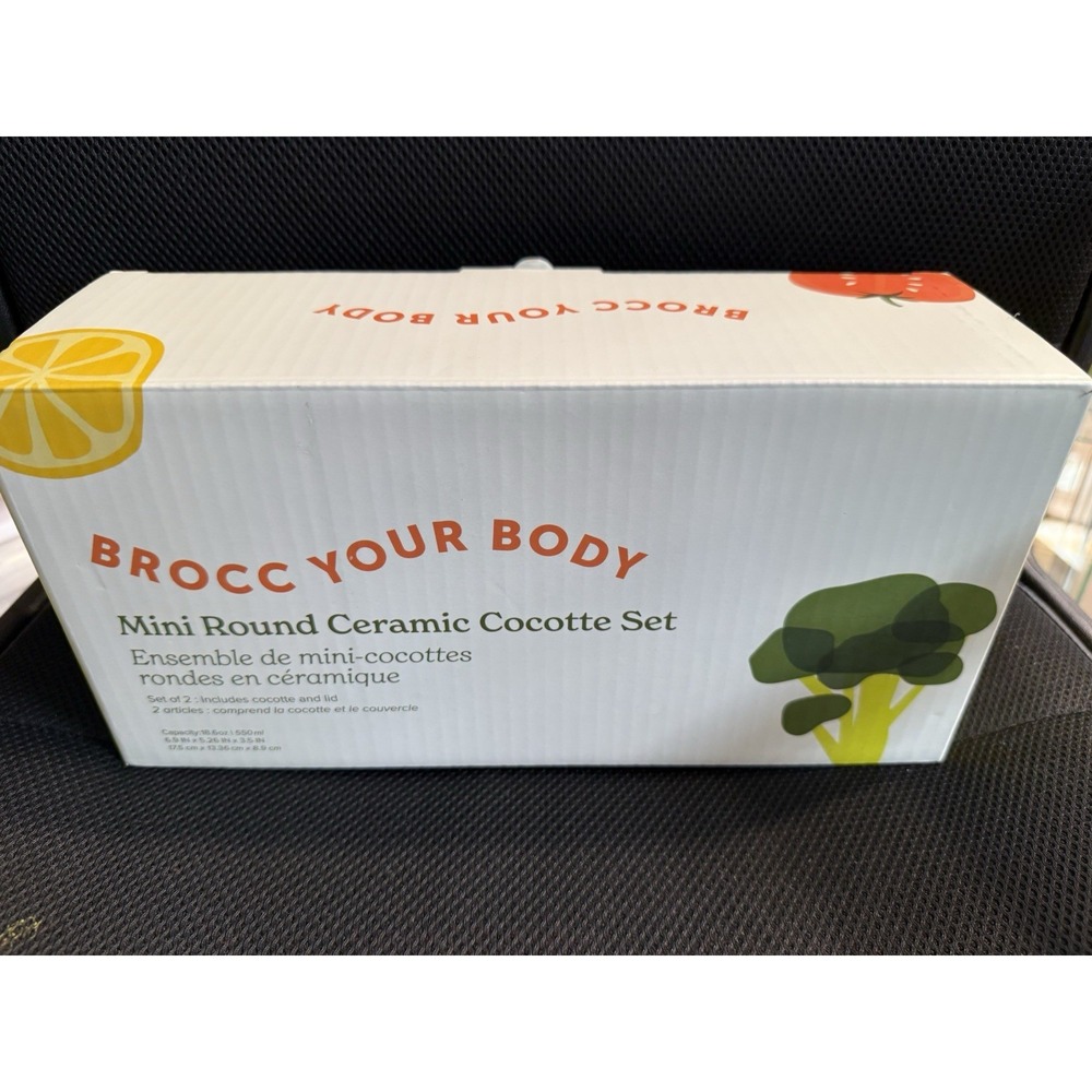 Brocc Your Body Mini Round Ceramic Cocotte Set Green White 2pc 6 fl oz With Lid